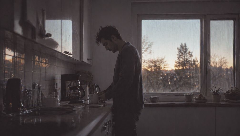 Persona en la cocina durante la mañana recibiendo luz natural brillante desde una ventana, representando la activación del sistema circadiano y la energía diaria.